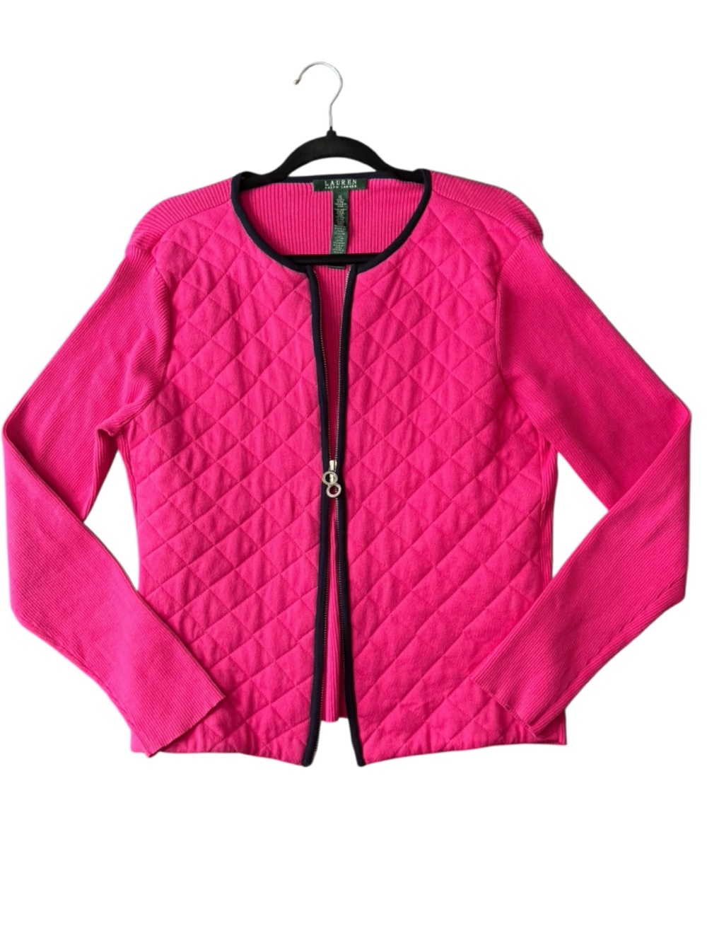 Lauren Ralph Lauren Quilted Jacket Pink Zip Front Knit Hybrid Preppy Equestrian